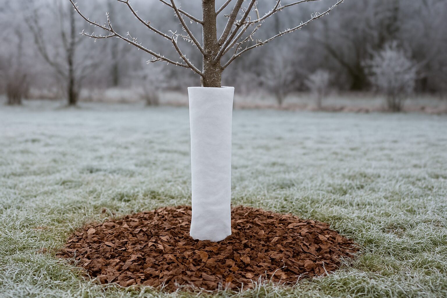 Géotextile posé au pied d’un arbre pour le protéger du gel hivernal