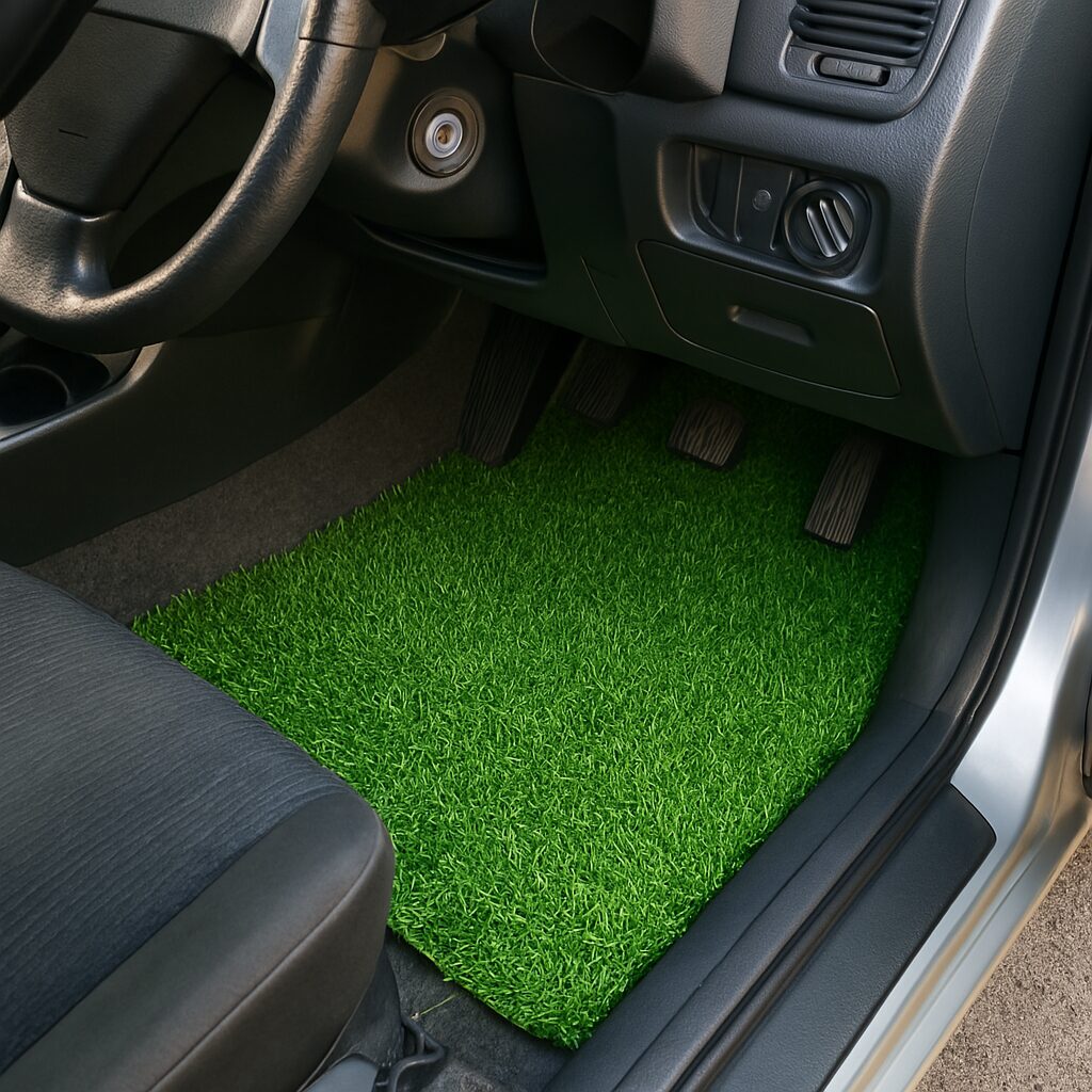 Gazon synthétique utilisé comme tapis dans une voiture