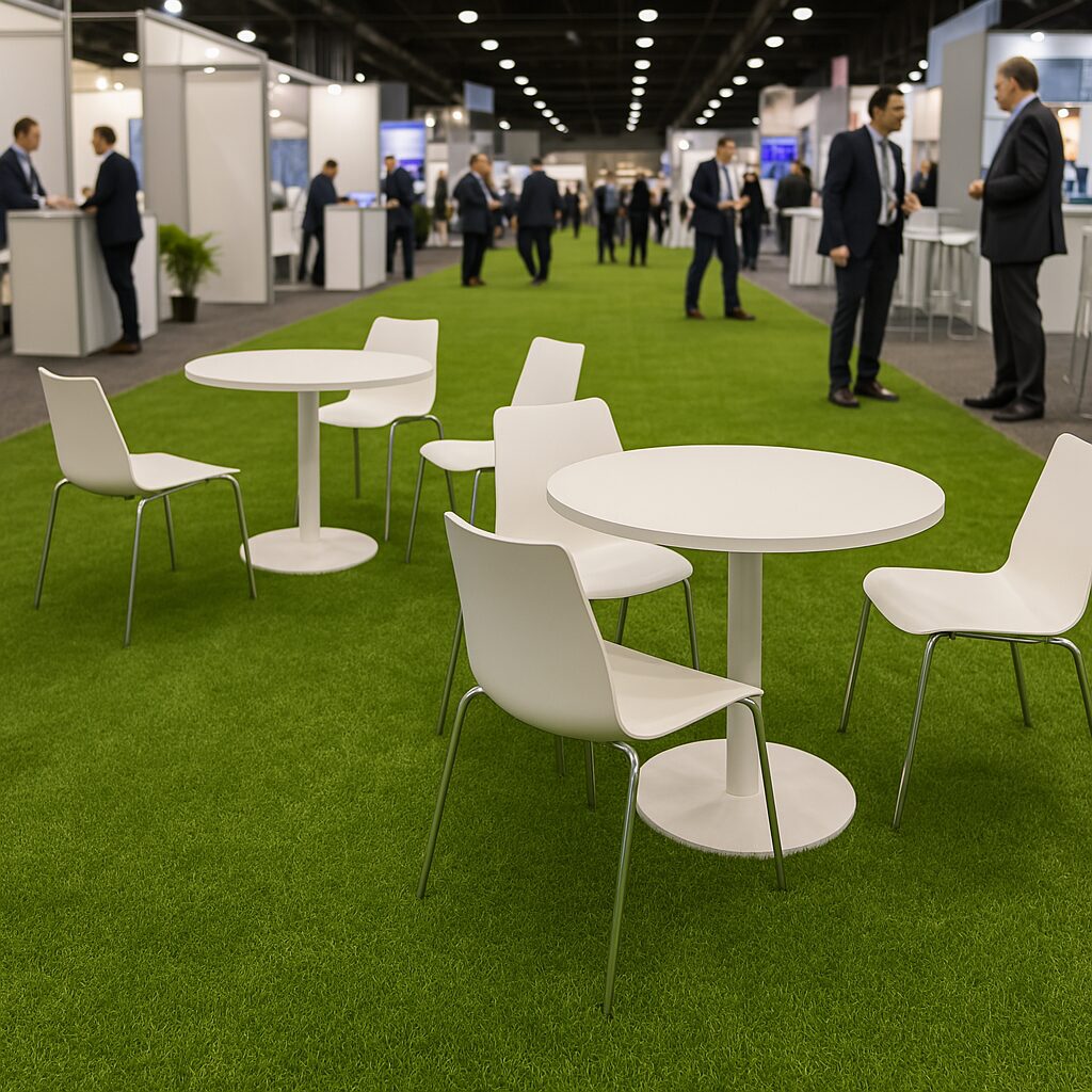 Stand de salon professionnel habillé avec du gazon synthétique