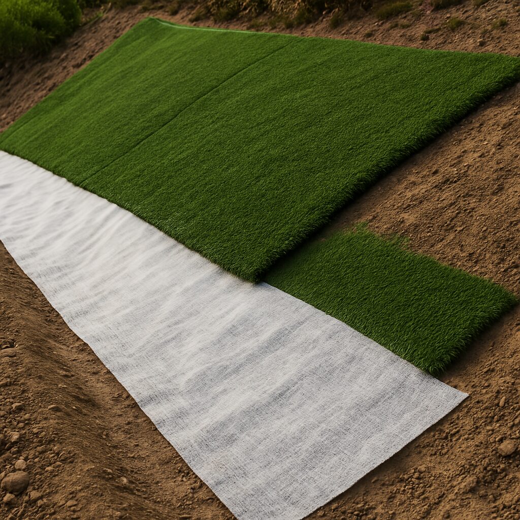 Pose de géotextile sur terrain en pente pour gazon synthétique