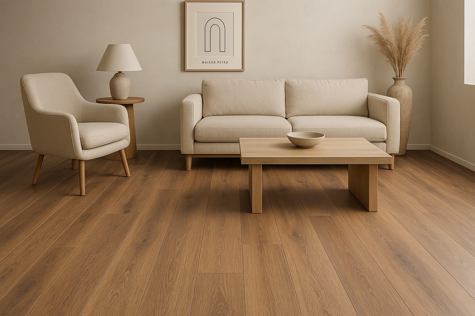 Salon moderne avec plancher SPC effet bois naturel