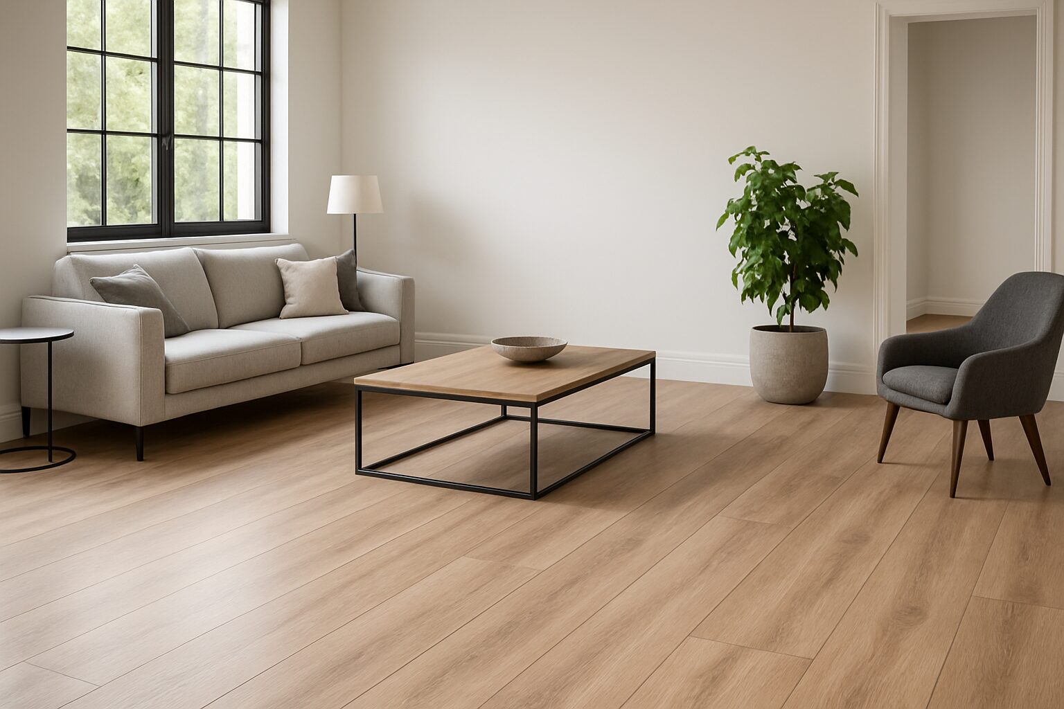 Salon lumineux avec plancher SPC haut de gamme